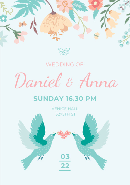 Wedding Invitation with Loving Birds and Flowers Poster – шаблон для дизайна