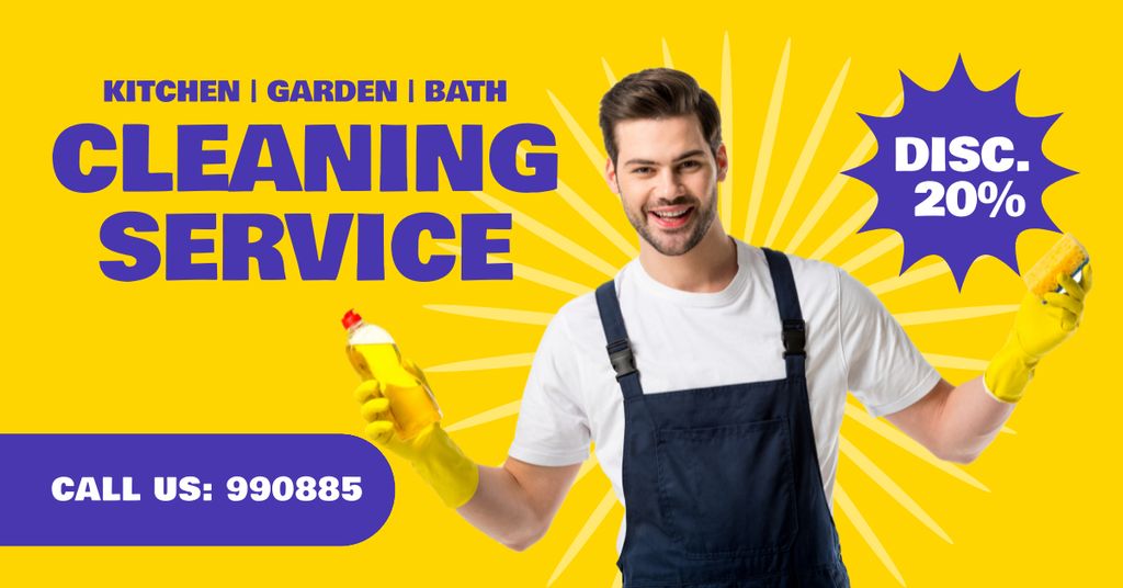 Cleaning Service Discount Announcement with Attractive Young Man Facebook AD Design Template