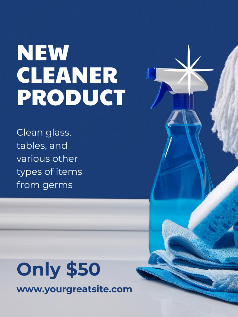New Cleaner Product Announcement with Blue Detergents Poster US Tasarım Şablonu