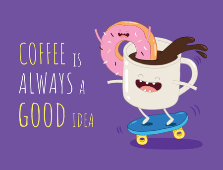 Coffee Cup Character Riding Skateboard Postcard 4.2x5.5in Design Template