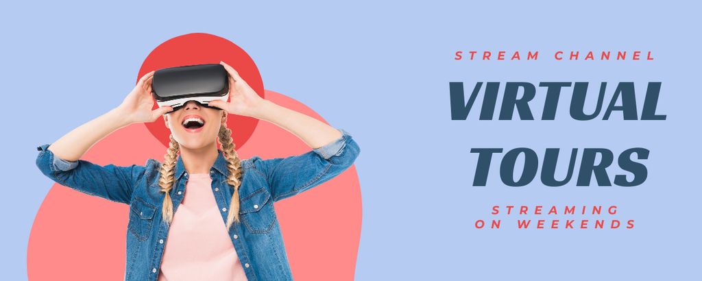 Remote Tours Promotion with Woman in VR Glasses Twitch Profile Banner Modelo de Design