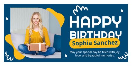 Greeting Layout with Birthday Girl on Blue Twitter Design Template