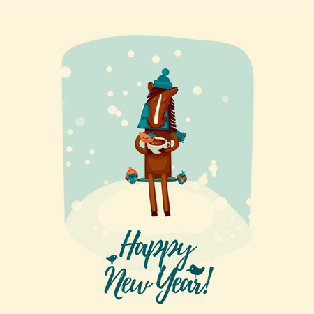 Novoroční pozdrav s koněm na lavičce s ptáky Animated Post Šablona návrhu