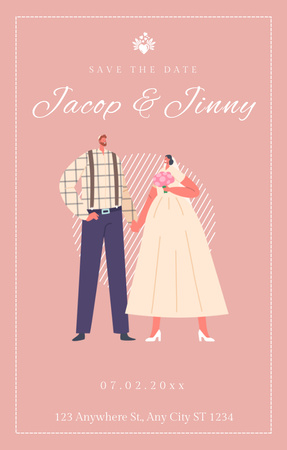 Wedding Announcement with Cute Cartoon Couple Invitation 4.6x7.2in Design Template