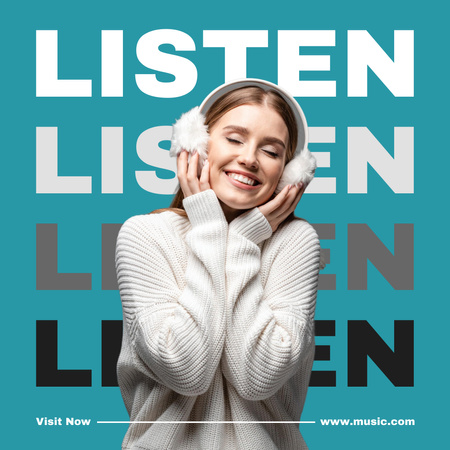 Happy Woman Listening to Music in Fur Headphones Instagram Tasarım Şablonu