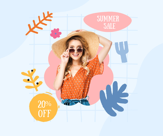 Summer Sale Ad with Young Woman in Bright Outfit Facebook tervezősablon