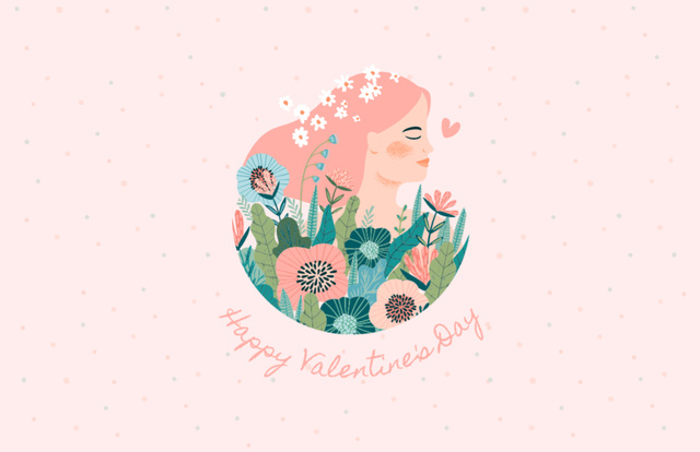 Template di design Happy Valentine's Day Greeting with Woman Profile in Flowers Thank You Card 5.5x8.5in