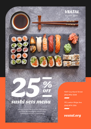 Japanese Restaurant Offer with Fresh Sushi Poster Design Template