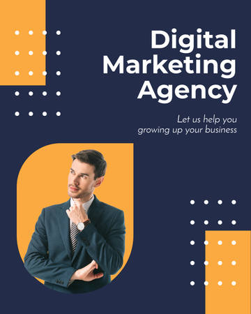 Plantilla de diseño de Oferta de servicio de agencia de marketing digital con empresario en traje Instagram Post Vertical 