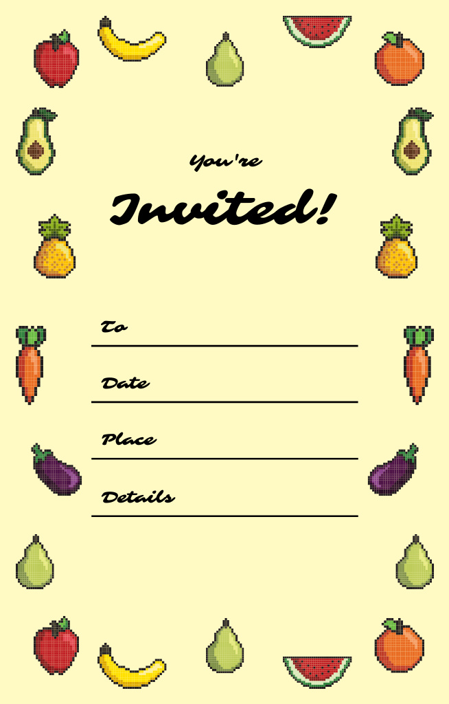 Party Announcement with Frame of Pixel Vegetables Invitation 4.6x7.2inデザインテンプレート