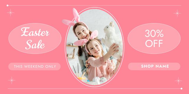 Easter Sale Announcement with Beautiful Woman and Child in Bunny Ears Twitter Design Template