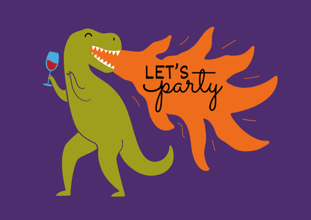 Party Invitation with Cute Dinosaur holding Wine Card Πρότυπο σχεδίασης
