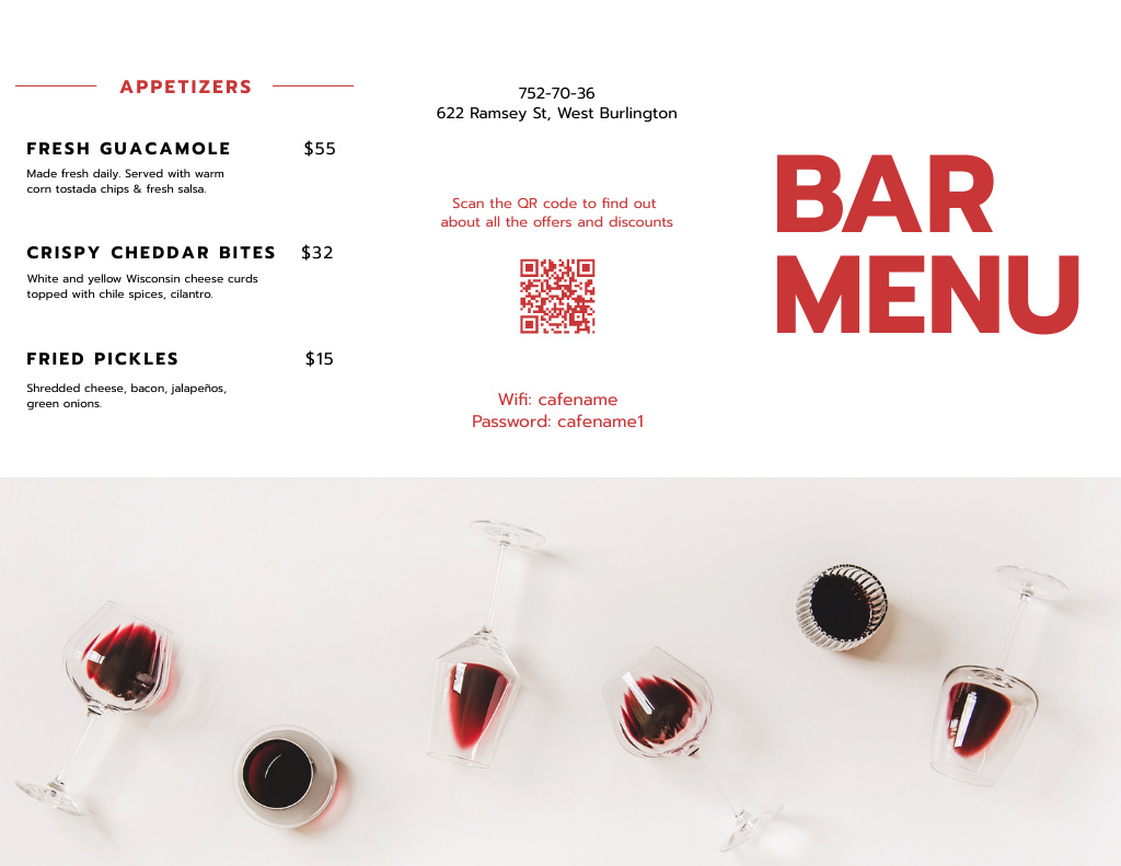 Bar Drinks And Appetizers List Menu 11x8.5in Tri-Foldデザインテンプレート