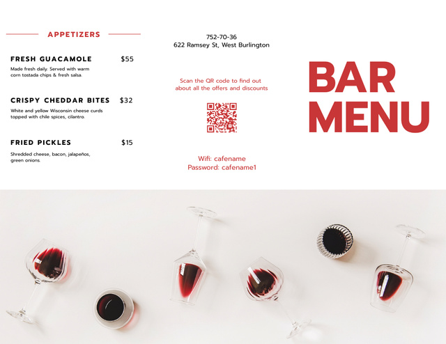 Bar Drinks And Appetizers List Menu 11x8.5in Tri-Fold Tasarım Şablonu