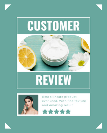 Revisão do cliente do produto cosmético no azul Instagram Post Vertical Modelo de Design