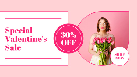 Скидка ко Дню святого Валентина с женщиной с букетом тюльпанов FB event cover – шаблон для дизайна