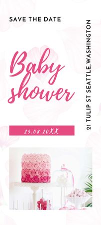 Plantilla de diseño de anuncio de baby shower con pastel rosa y flores Invitation 9.5x21cm 