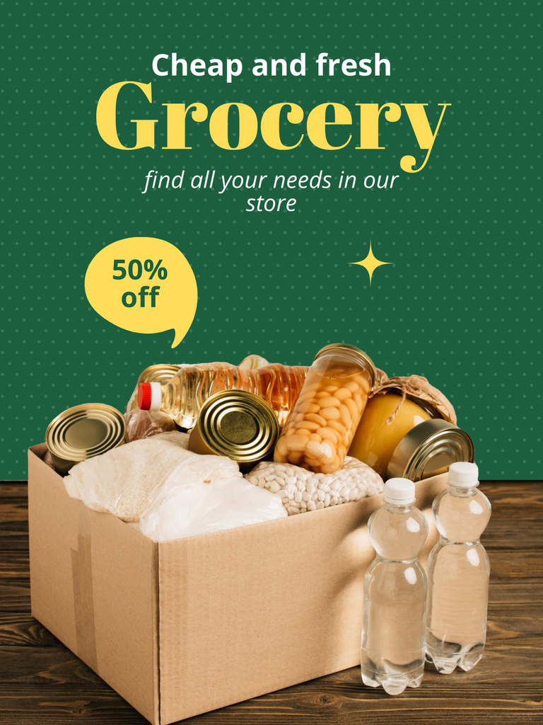 Ontwerpsjabloon van Poster US van Grocery Store Ad with Box of Jars of Pickle Vegetables