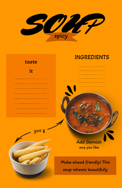 Designvorlage Delicious Spicy Soup in Bowl für Recipe Card