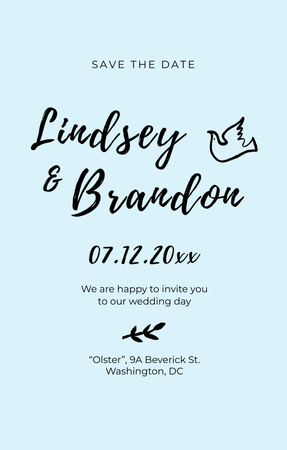 Save the Date and Wedding Event Announcement with Dove Illustration Invitation 4.6x7.2in Design Template