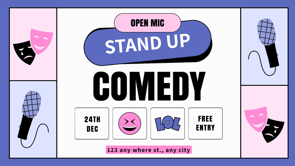 Stand-up Comedy Show with Microphones and Masks FB event cover Tasarım Şablonu