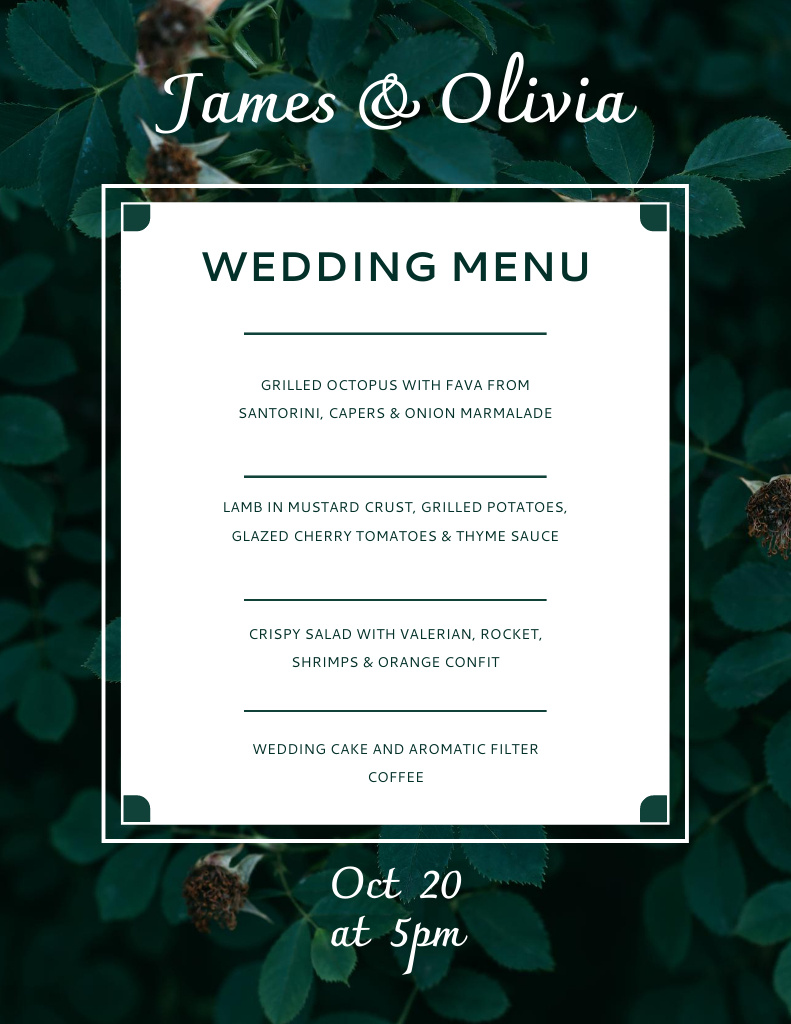 Designvorlage Wedding Food List with Lush Foliage für Menu 8.5x11in