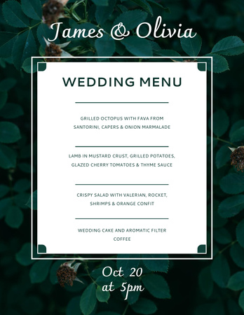 Template di design Elenco degli alimenti di nozze con fogliame lussureggiante sullo sfondo Menu 8.5x11in