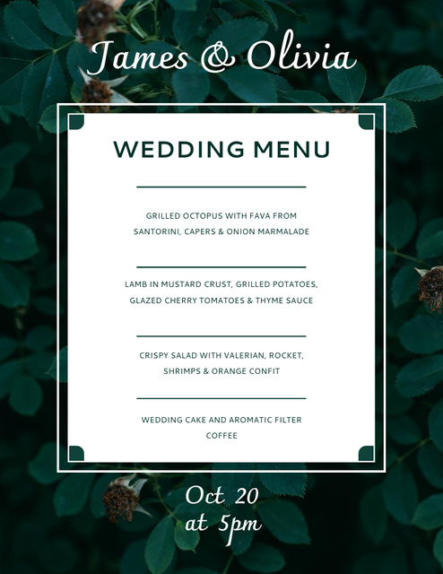 Wedding Food List with Lush Foliage Menu 8.5x11in Design Template