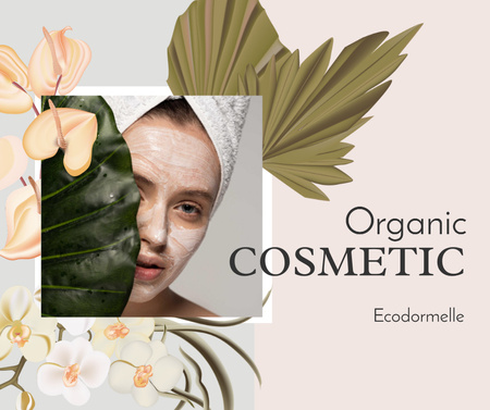 Plantilla de diseño de Oferta cosmética orgánica con mujer y hojas Facebook 