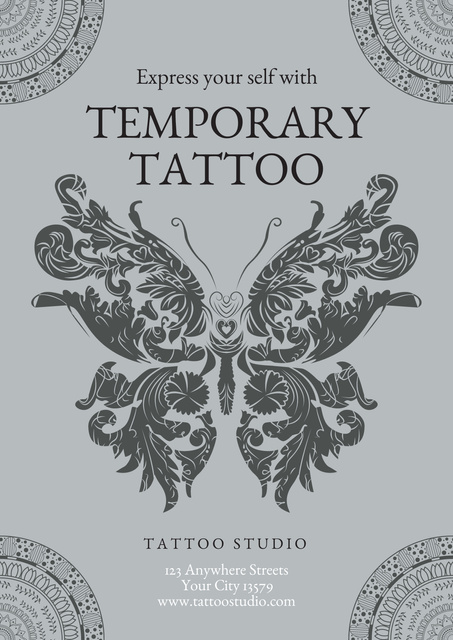 Ornamental Butterfly And Temporary Tattoos In Studio Offer Poster Tasarım Şablonu