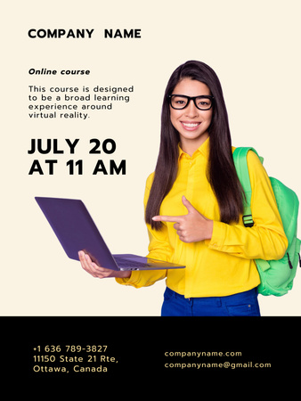 Plantilla de diseño de Anuncio de cursos en línea con estudiante sosteniendo una computadora portátil Poster US 