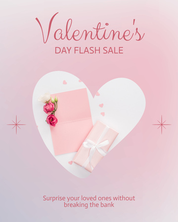 Ontwerpsjabloon van Instagram Post Vertical van Valentijnsdag Flash-uitverkoop met cadeau en bloemen