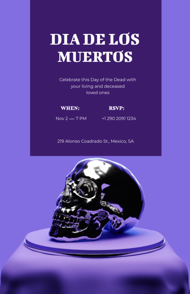 Dia de los Muertos Celebration With Silver Skull in Purple Invitation 5.5x8.5inデザインテンプレート