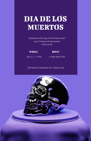 Ontwerpsjabloon van Invitation 5.5x8.5in van Dia de los Muertos-viering met zilveren schedel in paars