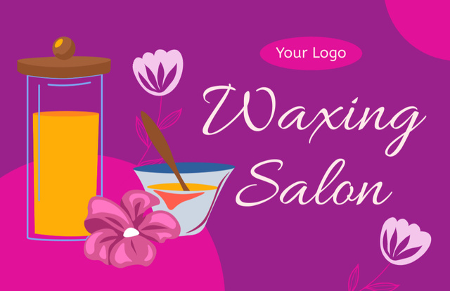 Waxing Salon Advertisement on Purple with Flowers Business Card 85x55mm Design Template