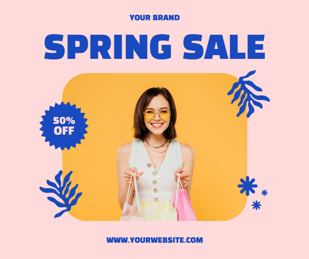 Spring Sale with Happy Young Woman Facebook Design Template