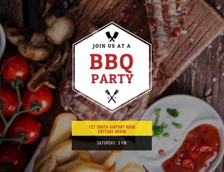 Template di design Annuncio di festa barbecue con salse e bistecca Invitation 13.9x10.7cm Horizontal