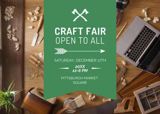 Craft Fair Ad with Wooden Tools Postcard 5x7in Design Template