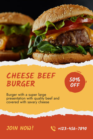 Cheese and Beef Burgers Promo Layout Pinterest Design Template