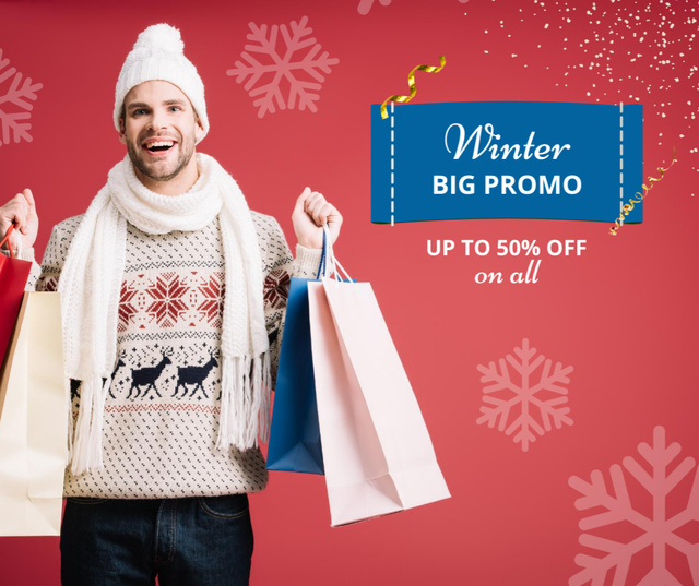 Winter Sale Announcement with Guy in Warm Clothes Facebook Šablona návrhu