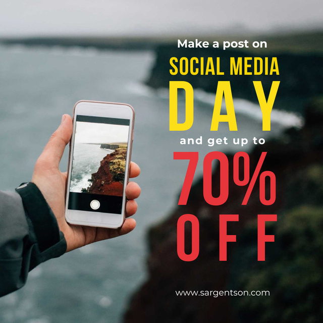 Social Media day Offer with Hand holding smartphone Instagram Modelo de Design