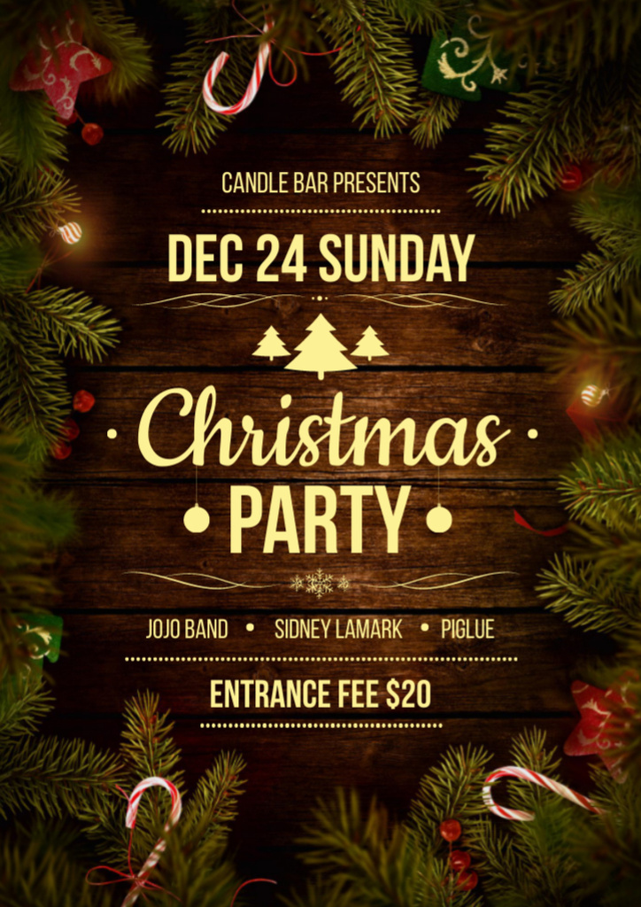 Christmas Party Ad with Christmas Tree Branches and Garland Flyer A4 Tasarım Şablonu