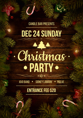 Christmas Party Ad with Christmas Tree Branches and Garland Flyer A4 Design Template