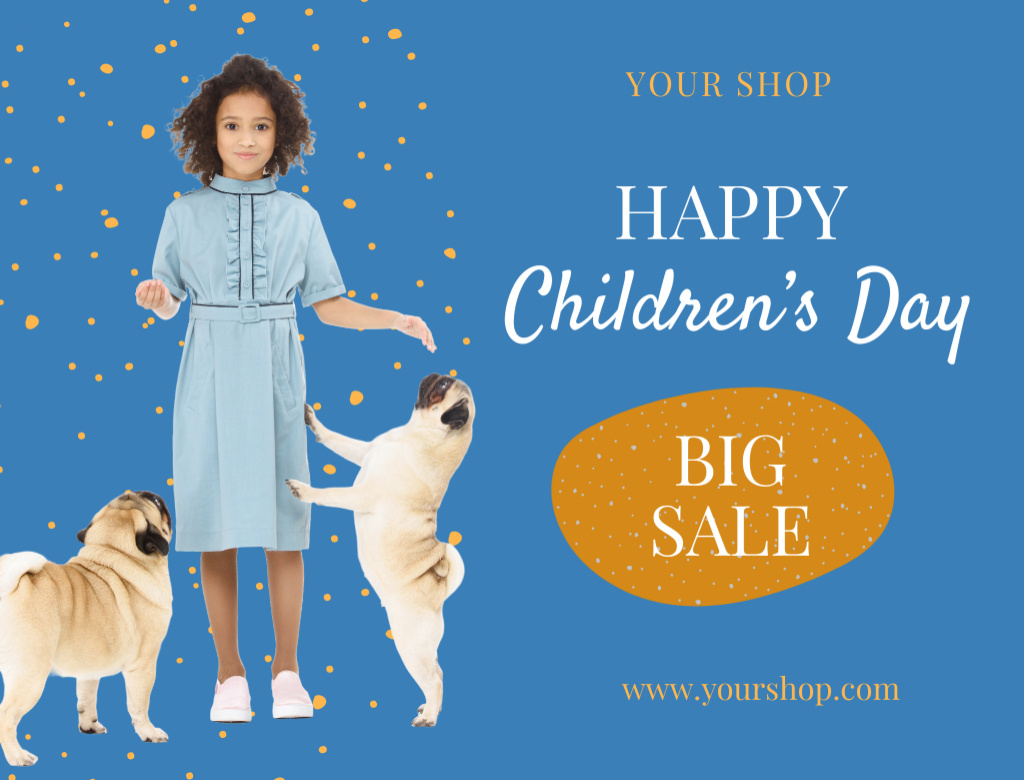 Children's Day with Cute Girl with Dogs Postcard 4.2x5.5in – шаблон для дизайна