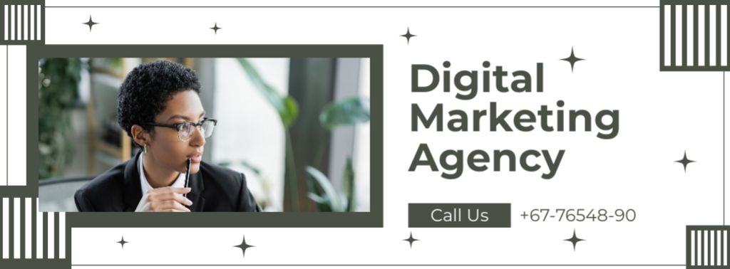Designvorlage African American Woman with Glasses Offers Marketing Agency Services für Facebook cover