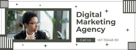 African American Woman with Glasses Offers Marketing Agency Services Facebook cover Design Template