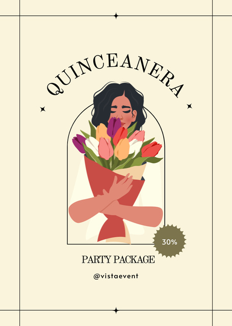 Quinceanera Party Announcement With Bouquet Postcard A6 Vertical Design Template