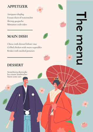 Japanese Style Illustration on Wedding Menu tervezősablon