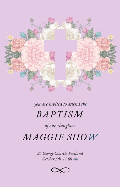 Baptism Ceremony With Roses Illustration In Pink Invitation 4.6x7.2in Design Template