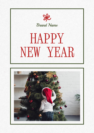 New Year Holiday Greeting with Child near Tree Postcard A6 Vertical Design Template